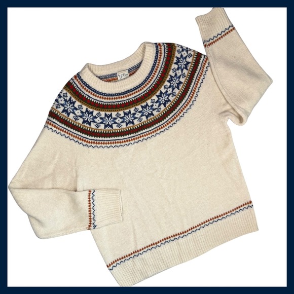 J.Crew Lambswool Fair Isle Sweater Pullover Cream Blue Brown Knit Large - Picture 1 of 9